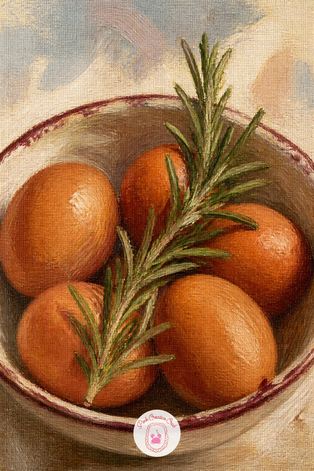 Brown Eggs With Rosemary — Brown eggs in a ceramic bowl with a sprig of rosemary is a quiet, forgiving subject, good for a morning when you want something calm