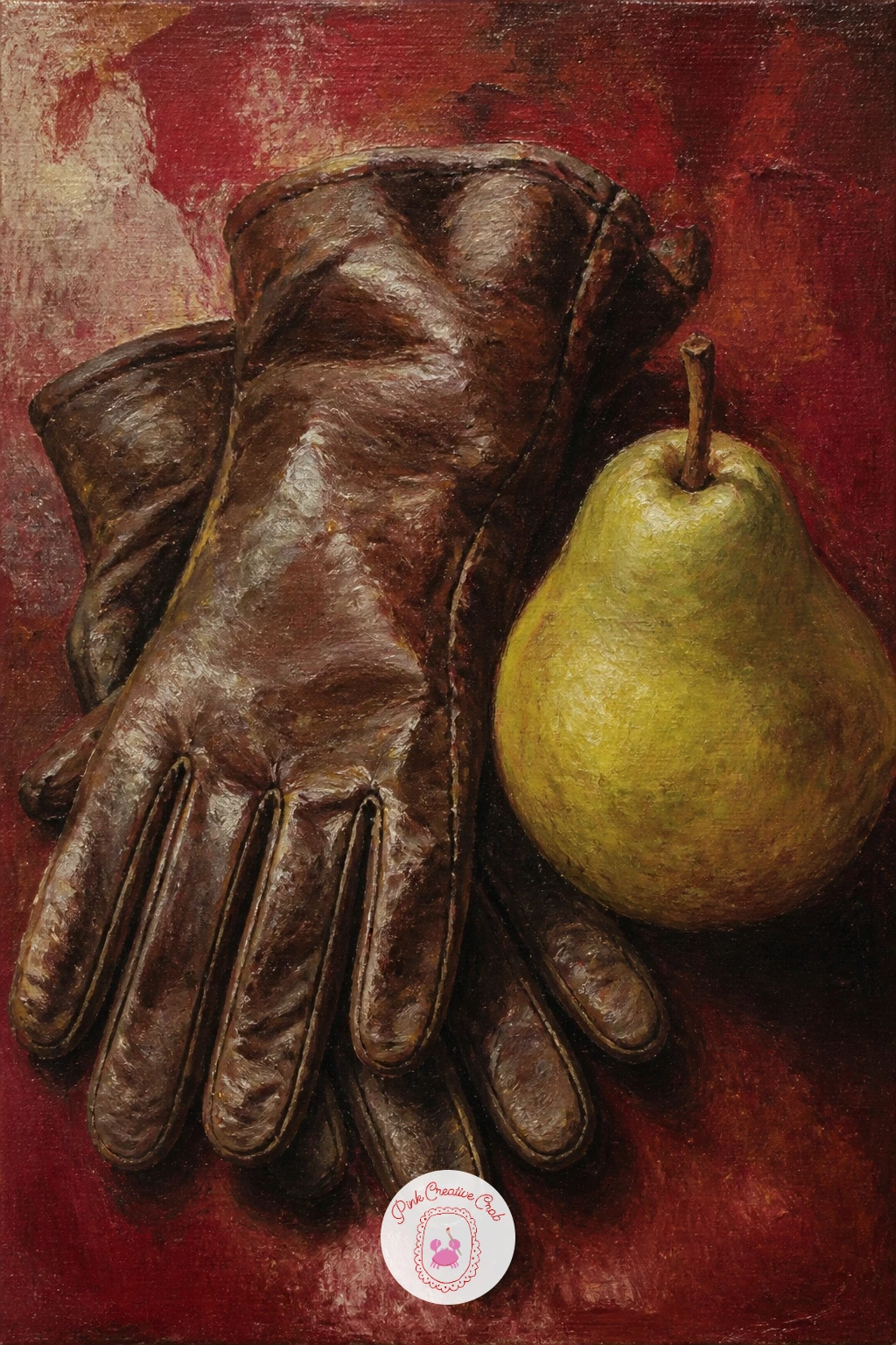 Leather Gloves and a Pear — A pair of leather gloves and a pear on a hallway table suggests someone has just come in from the cold, and that small human trace