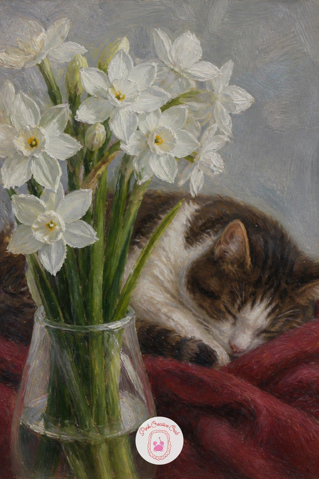 Paperwhites With a Sleeping Cat — A glass vase of paperwhites with a sleeping cat behind it builds the whole composition around depth, since the cat sits