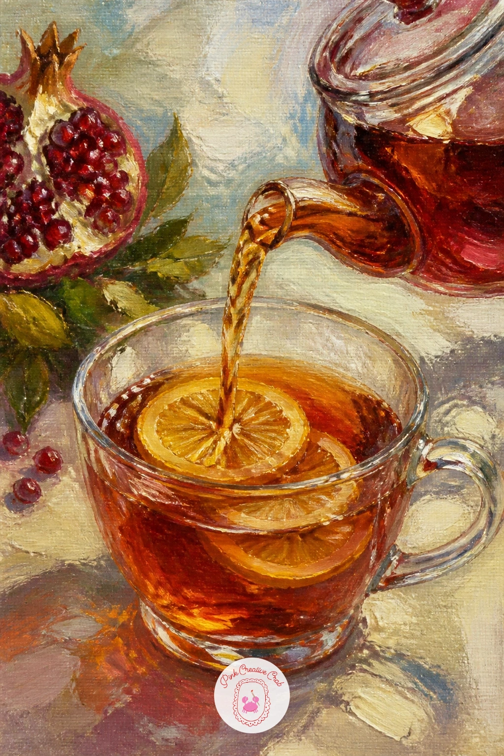 Tea Pouring Into a Glass Cup — Tea pouring from a pot into a glass cup with lemon slices is one of the more advanced setups here, since you are painting liquid