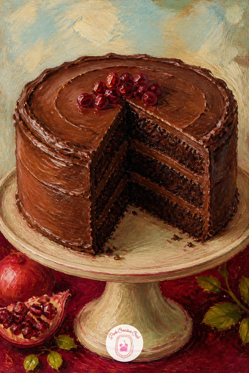 Chocolate Cake With One Slice Taken — A chocolate cake with one slice taken on a cake stand is a satisfying one to paint because the missing slice does most of