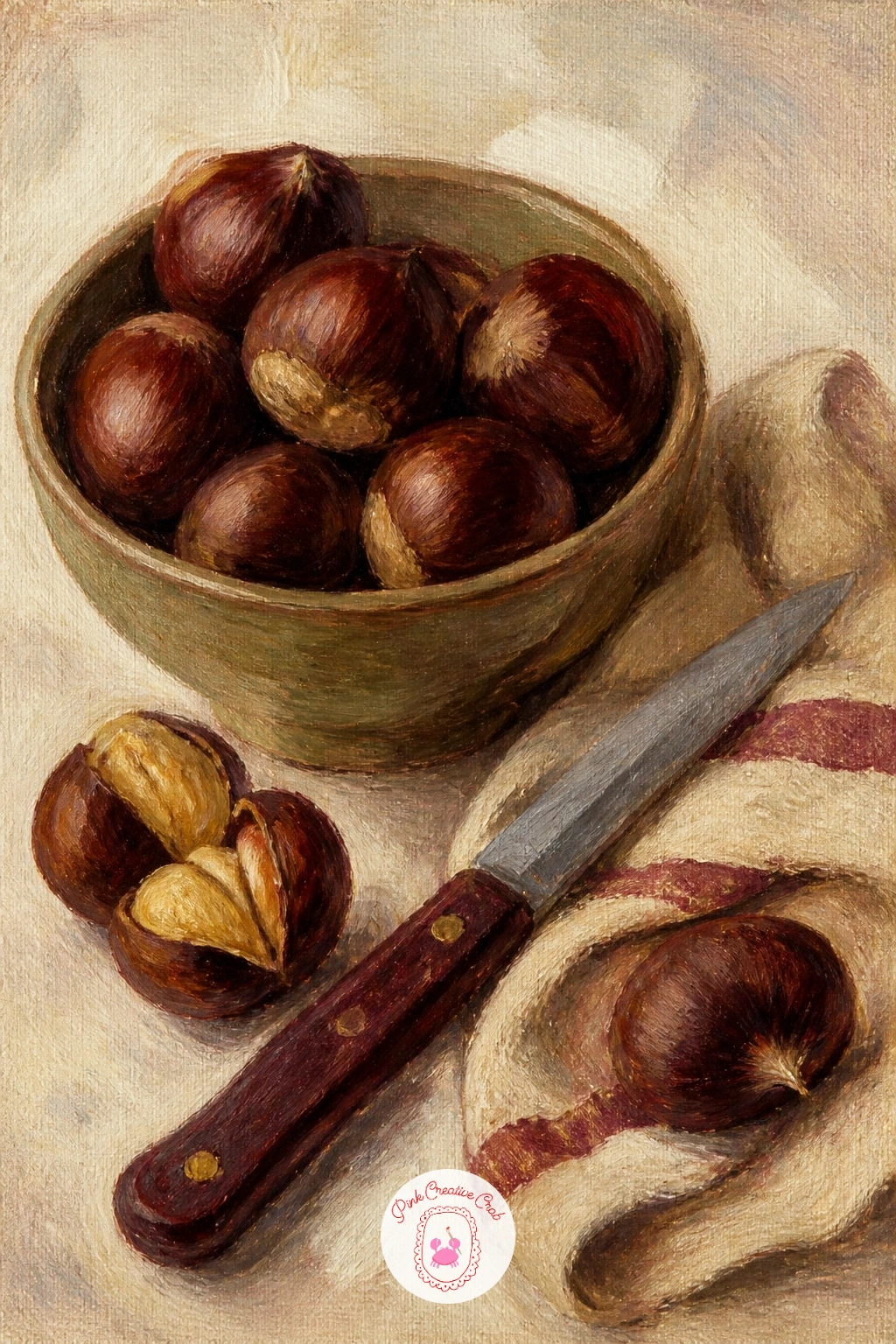 Chestnuts, Knife and Linen Napkin — A bowl of chestnuts beside a knife and a linen napkin is a good subject for practising matte, dry textures after some of