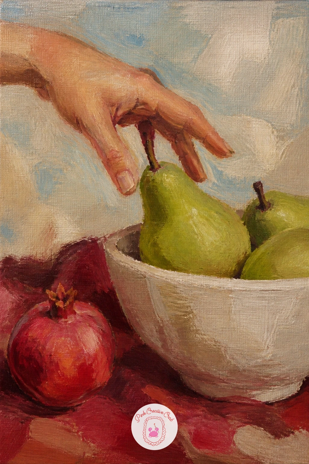 Hand Reaching for a Pear — A hand reaching for a pear from a white bowl is the most ambitious subject on this list so far, since hands are notoriously hard to