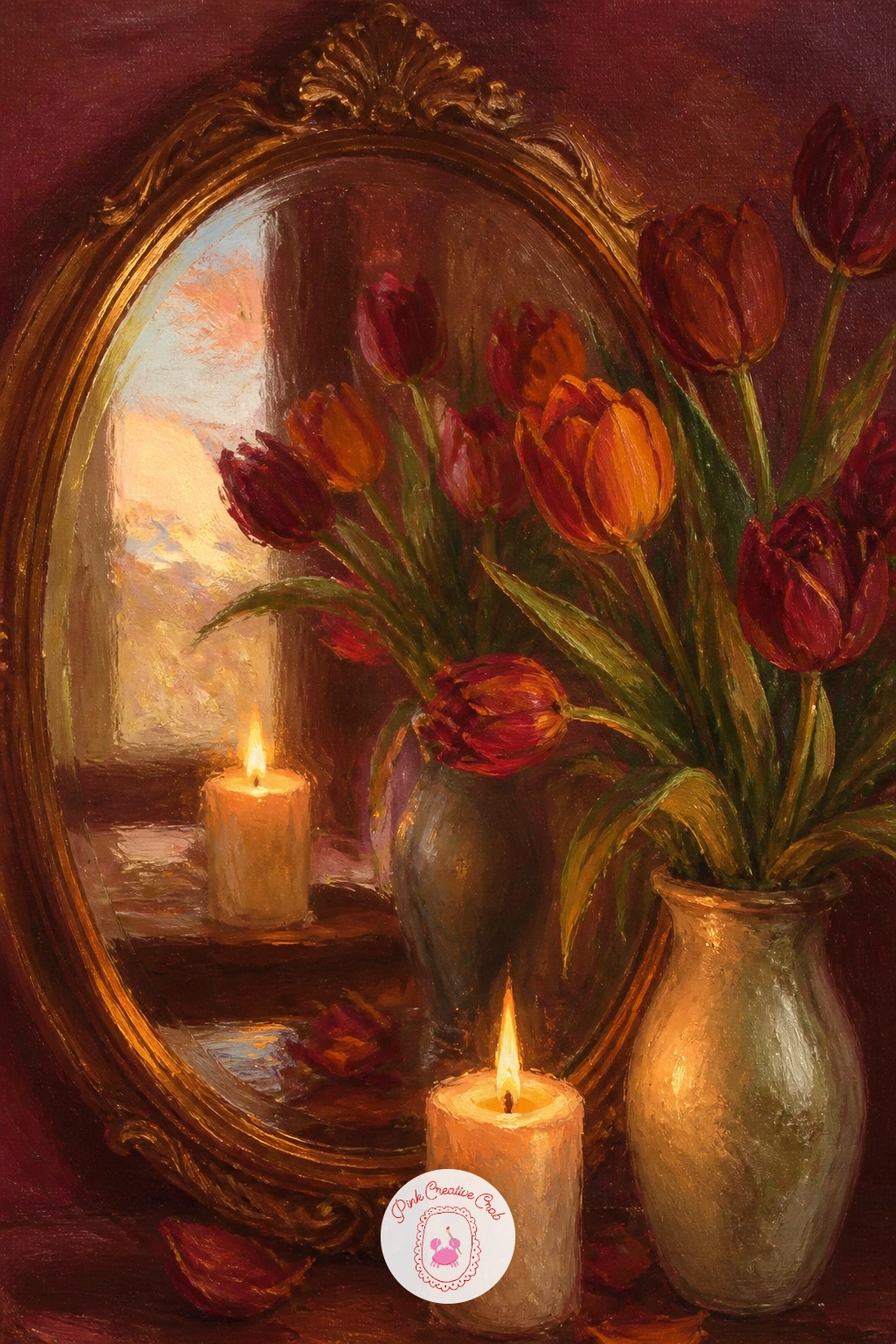 Mirror Reflecting a Candle and Tulips — A mirror reflecting a candle and a vase of tulips doubles your composition in one small canvas, so plan both the real