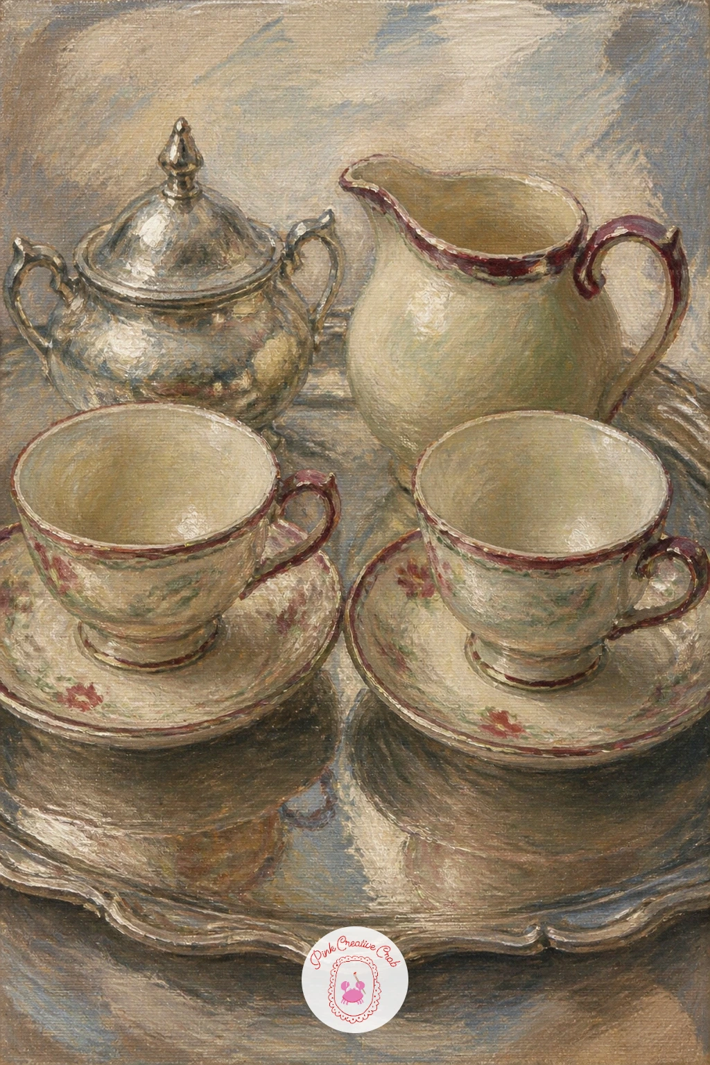 Sugar Bowl, Cream Jug and Cups on a Tray — A sugar bowl, cream jug and cups on a silver tray asks you to paint several small reflective objects together, so