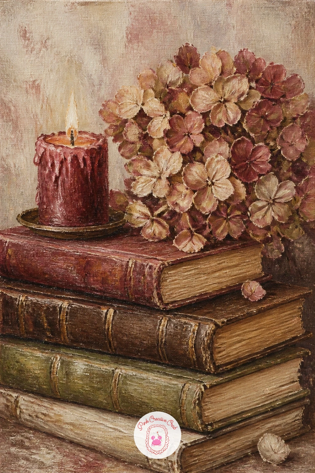 Old Books, a Candle and Dried Hydrangea — A stack of old books, a candle and a dried hydrangea is a quiet, muted subject, good for practising a whole painting