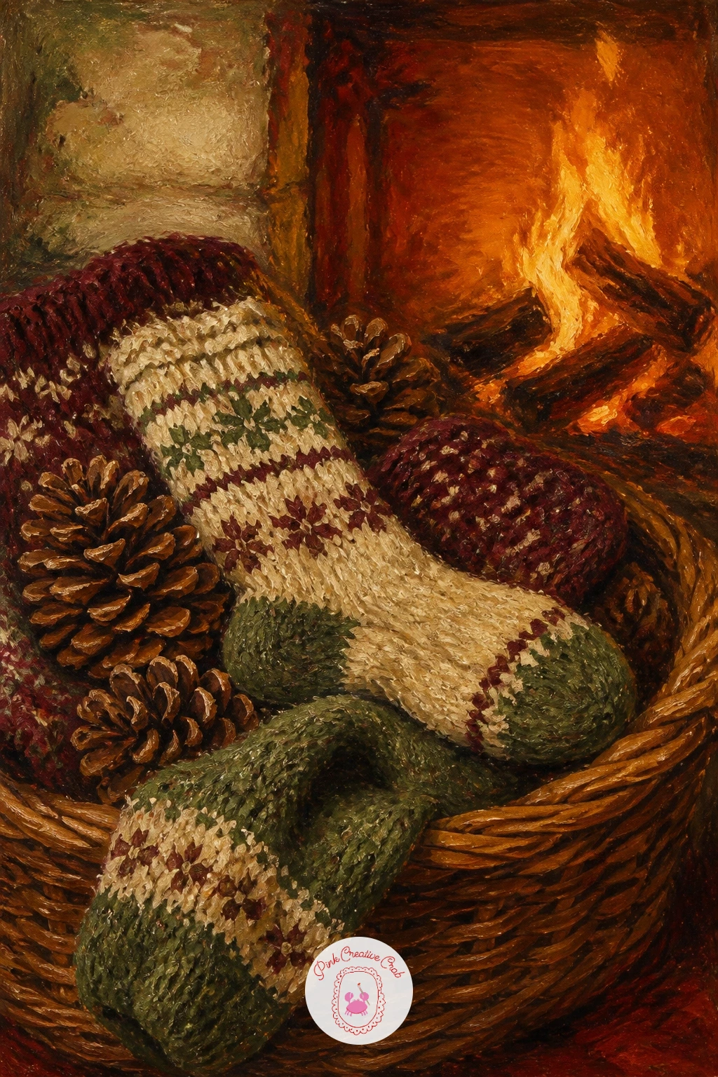 Pinecones and Wool Socks by the Fireplace — A wicker basket of pinecones and wool socks by the fireplace closes the list with a cosy jumble of textures, basket