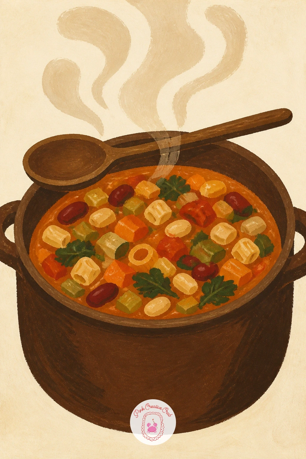 Simmering Minestrone Pot — Minestrone is the friendliest place to start, a big round pot with a wooden spoon resting across the rim. Food illustration