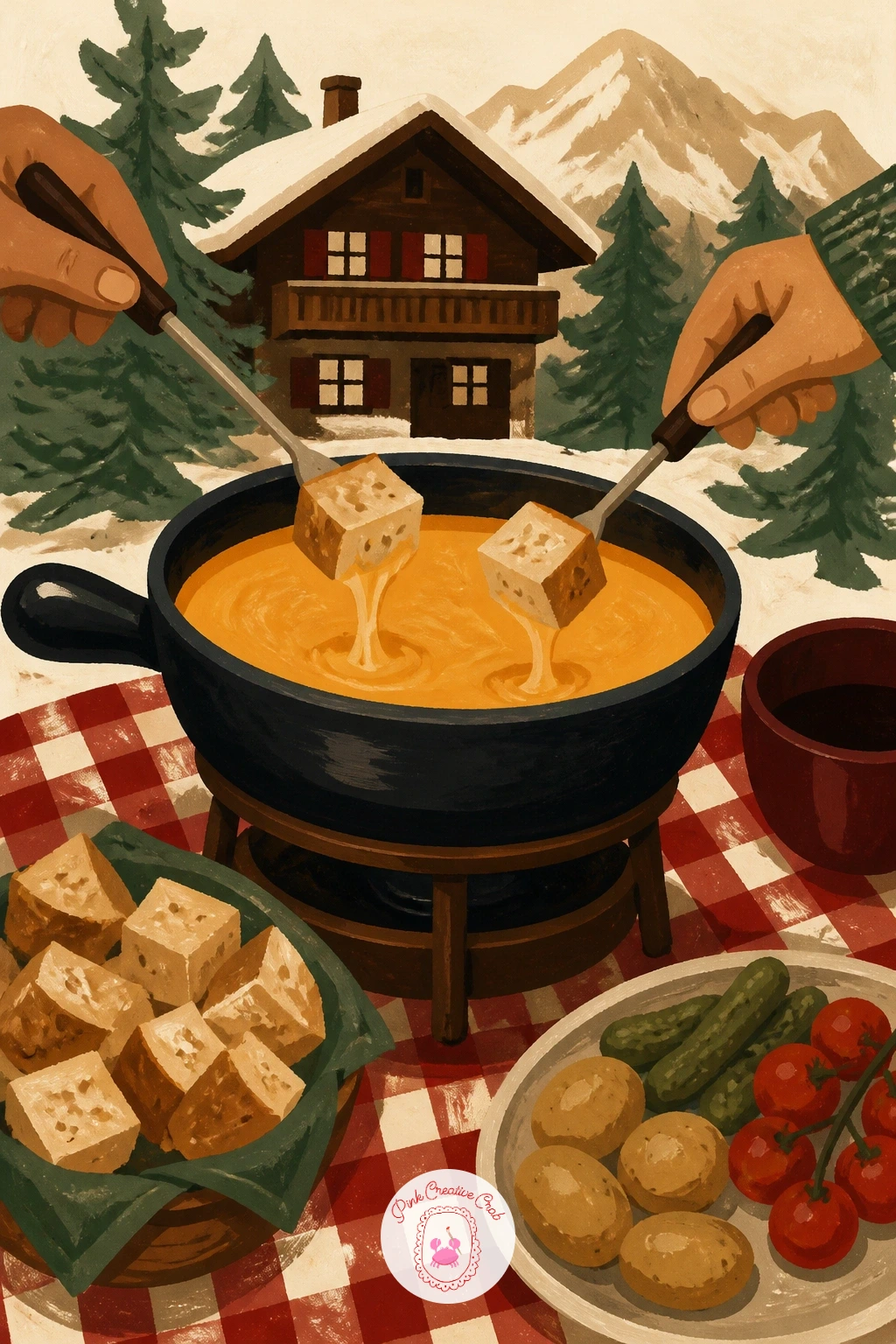 Chalet Fondue Night — Move from one pot to a shared one: a cheese fondue pot at the center of a small chalet table, with two pairs of hands dipping bread on