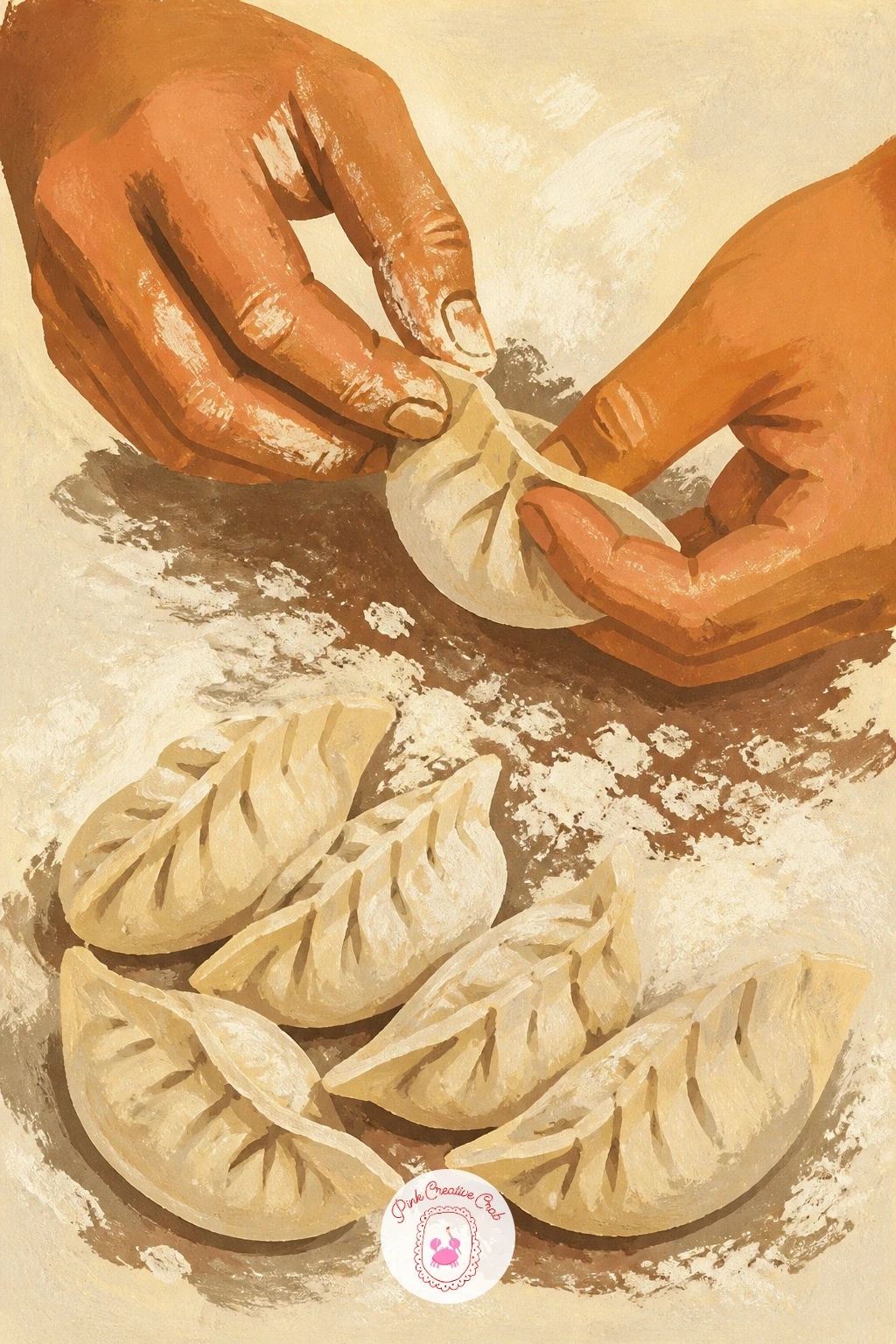 Pleating Dumplings on a Floury Table — Dumplings bring hands into focus again, this time mid-fold around a scattering of flour on the table. Food illustration
