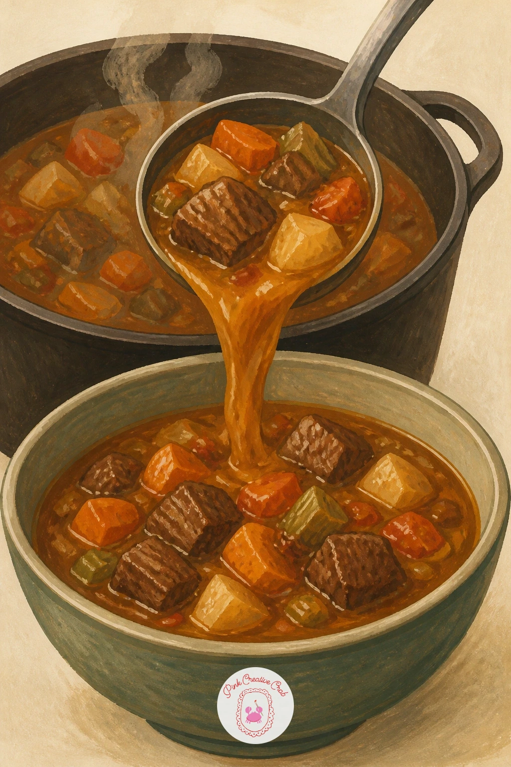 Beef Stew Ladled From a Cast Iron Pot — This scene captures the pour itself, stew dropping from a ladle into a deep bowl below. Food illustration