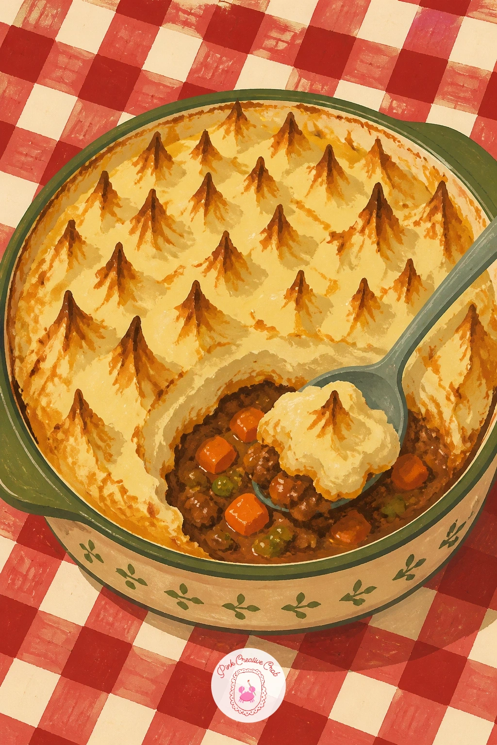 Shepherd's Pie on a Checked Cloth — Shepherd's pie leans on its crispy potato peaks for personality. Food illustration
