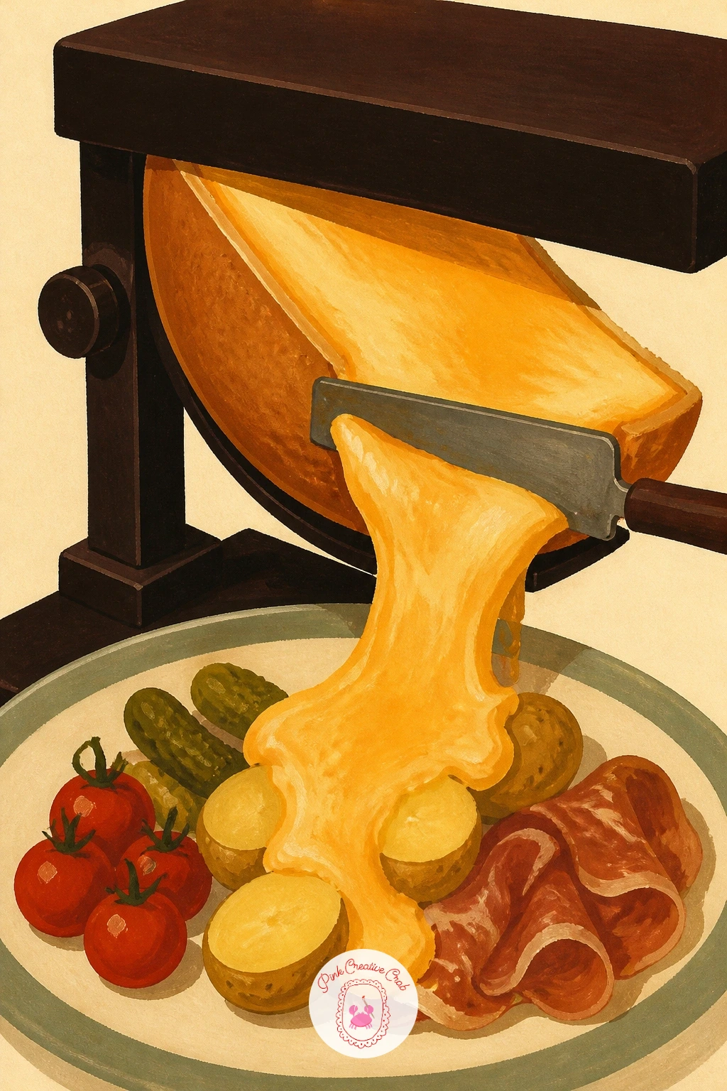 Raclette Grill With Melting Cheese — Raclette gives you a chance to paint cheese actually mid-melt, scraped warm over a small plate of potatoes. Food