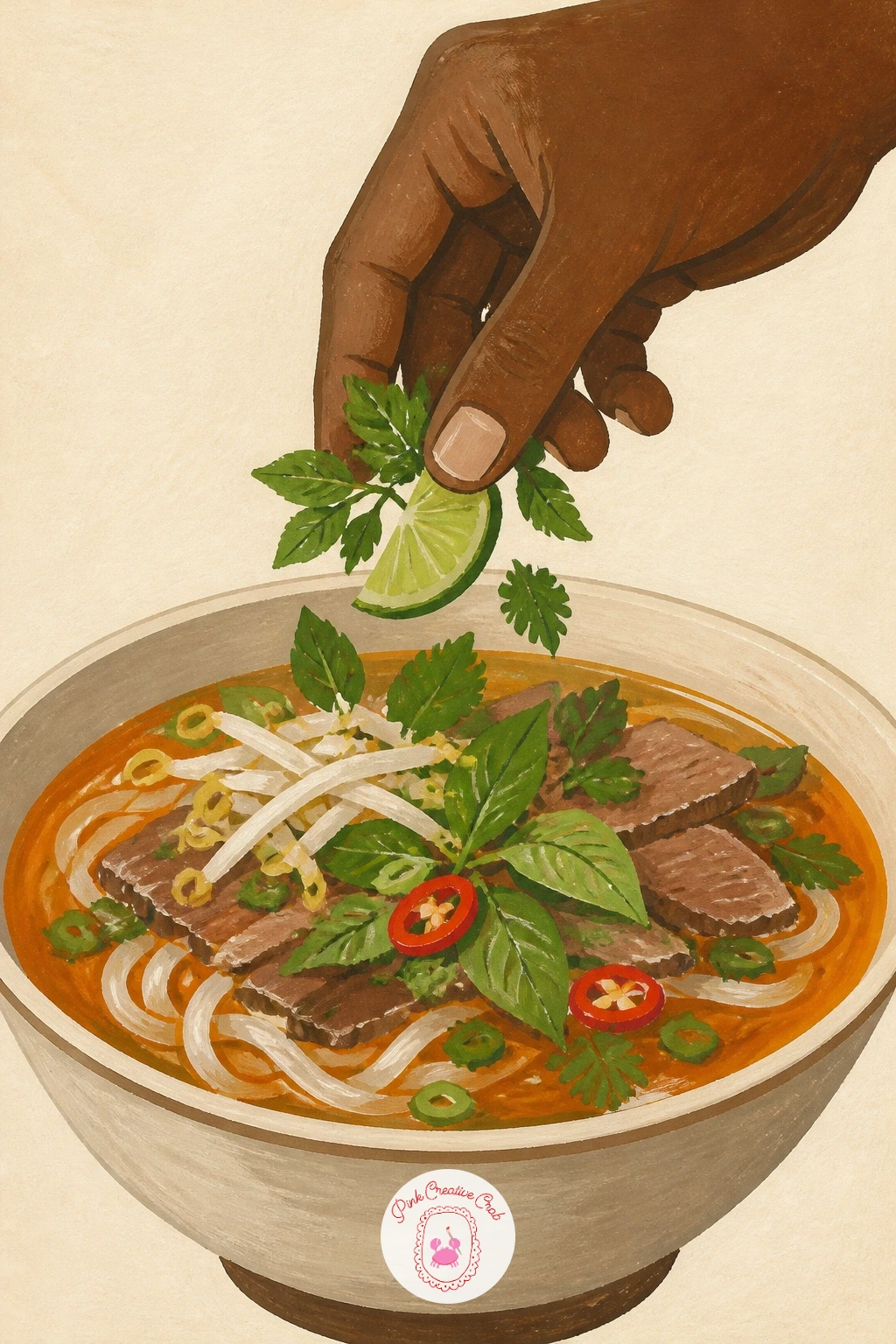 Hand Topping a Bowl of Pho — Pho moves the focus to one hand adding the final herbs and lime over a bowl of broth. Food illustration