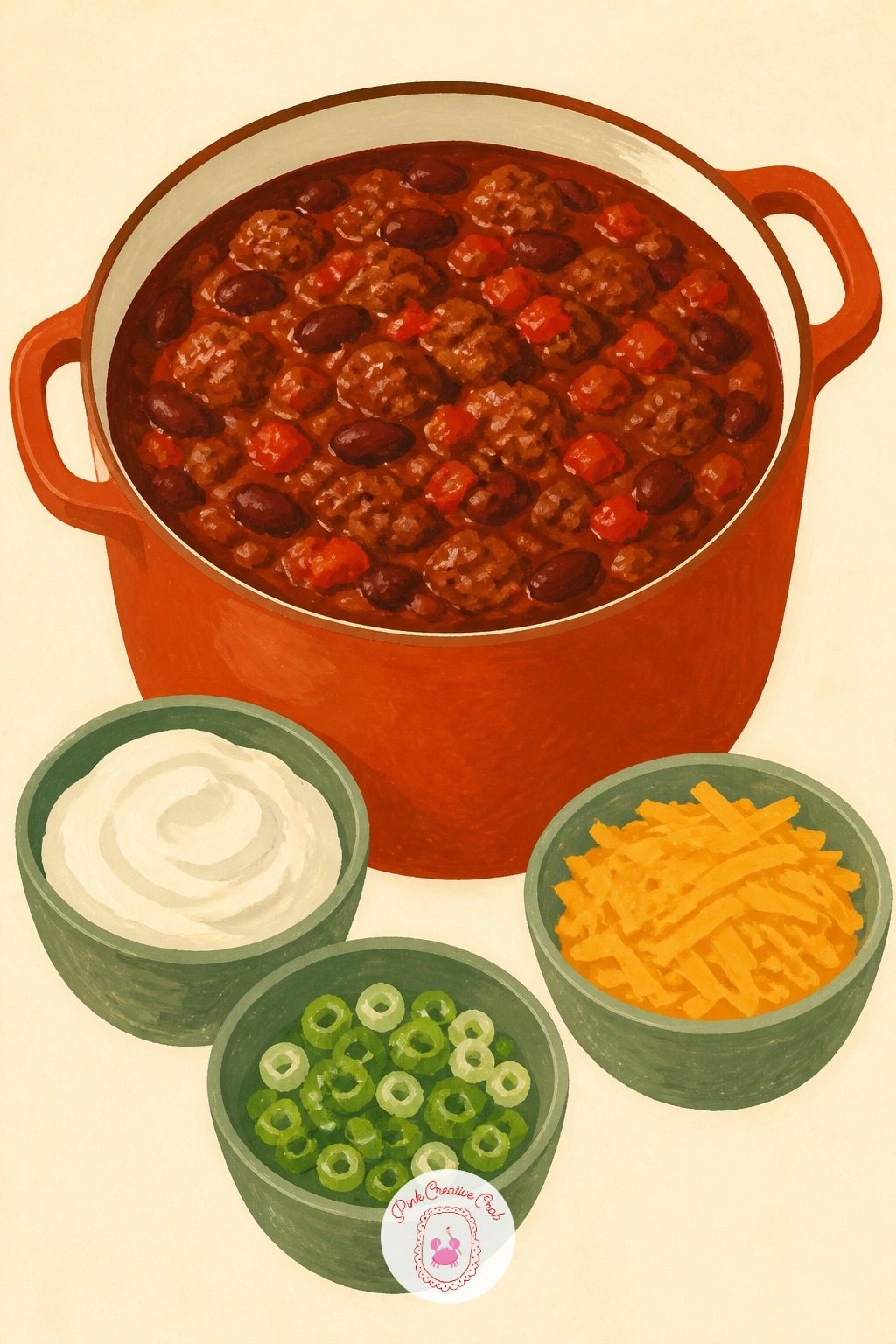 Chili Pot With Little Toppings Bowls — Chili gives you a chance to paint one big pot surrounded by several tiny supporting ones. Food illustration