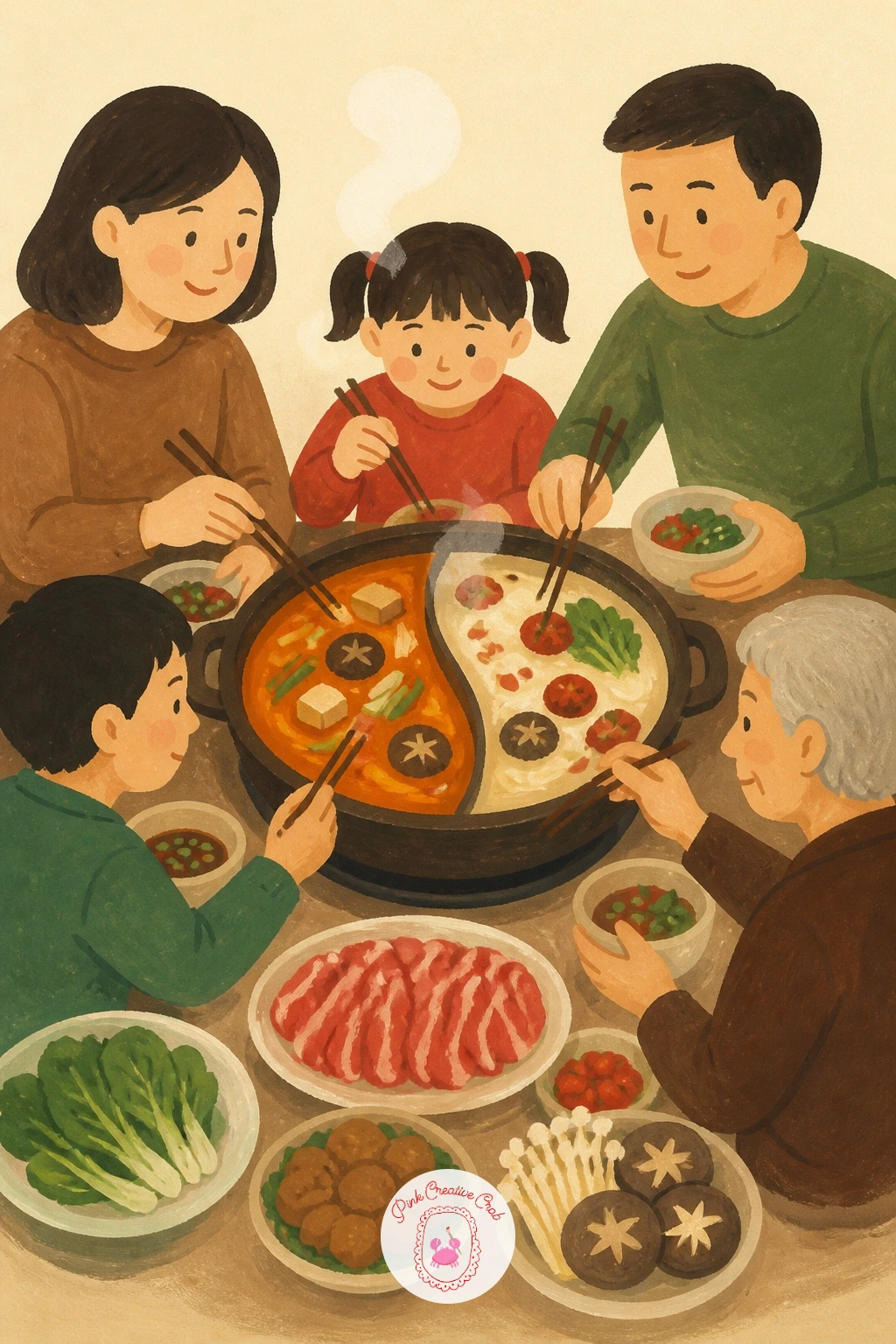 Family Sharing a Hot Pot — Hot pot is a whole table scene, so plan the layout before you paint. Food illustration