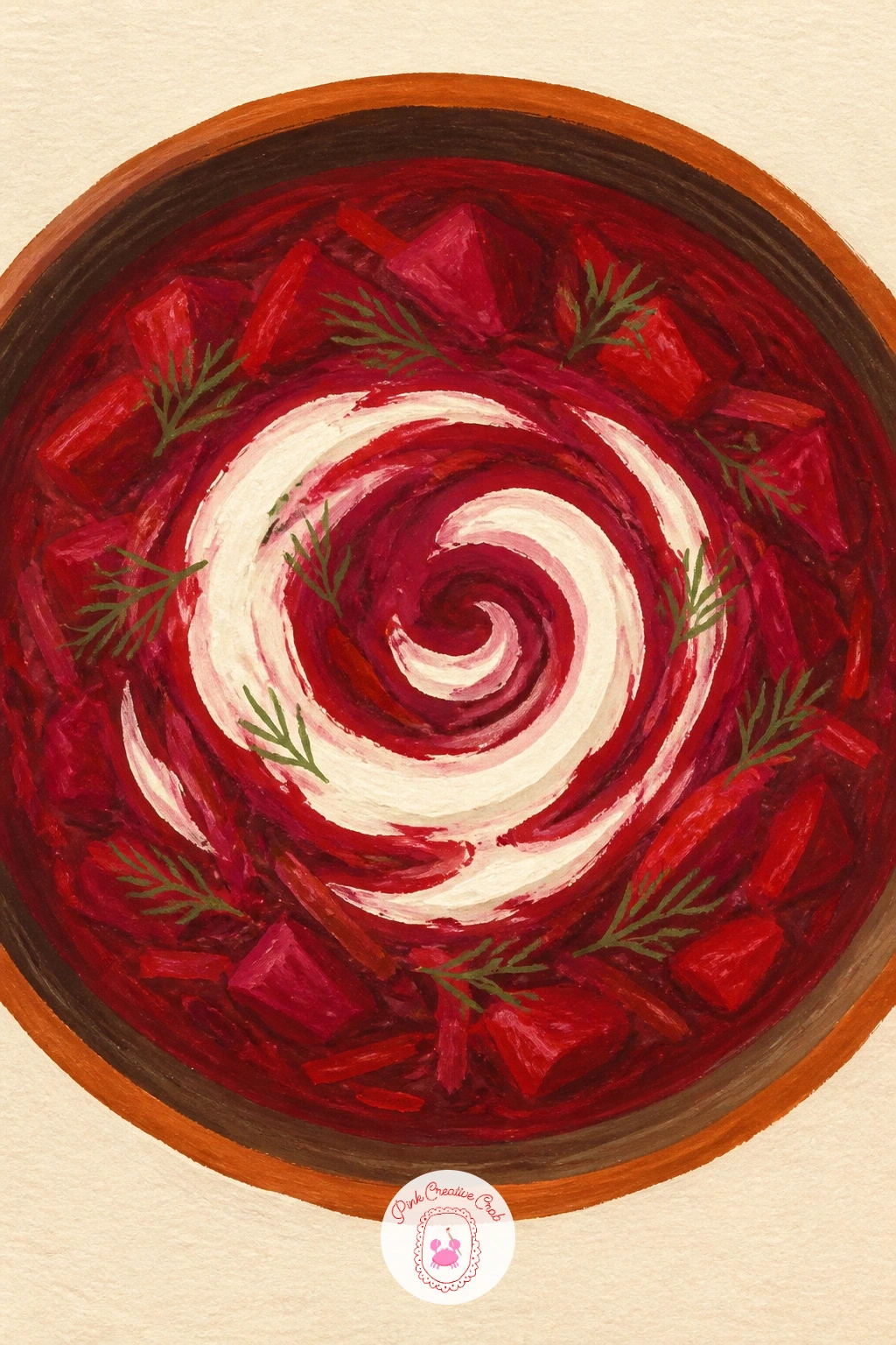 Borscht With Sour Cream Swirl — Borscht is a satisfying color study before anything else, a cherry red soup against cream and sage accents. Food illustration