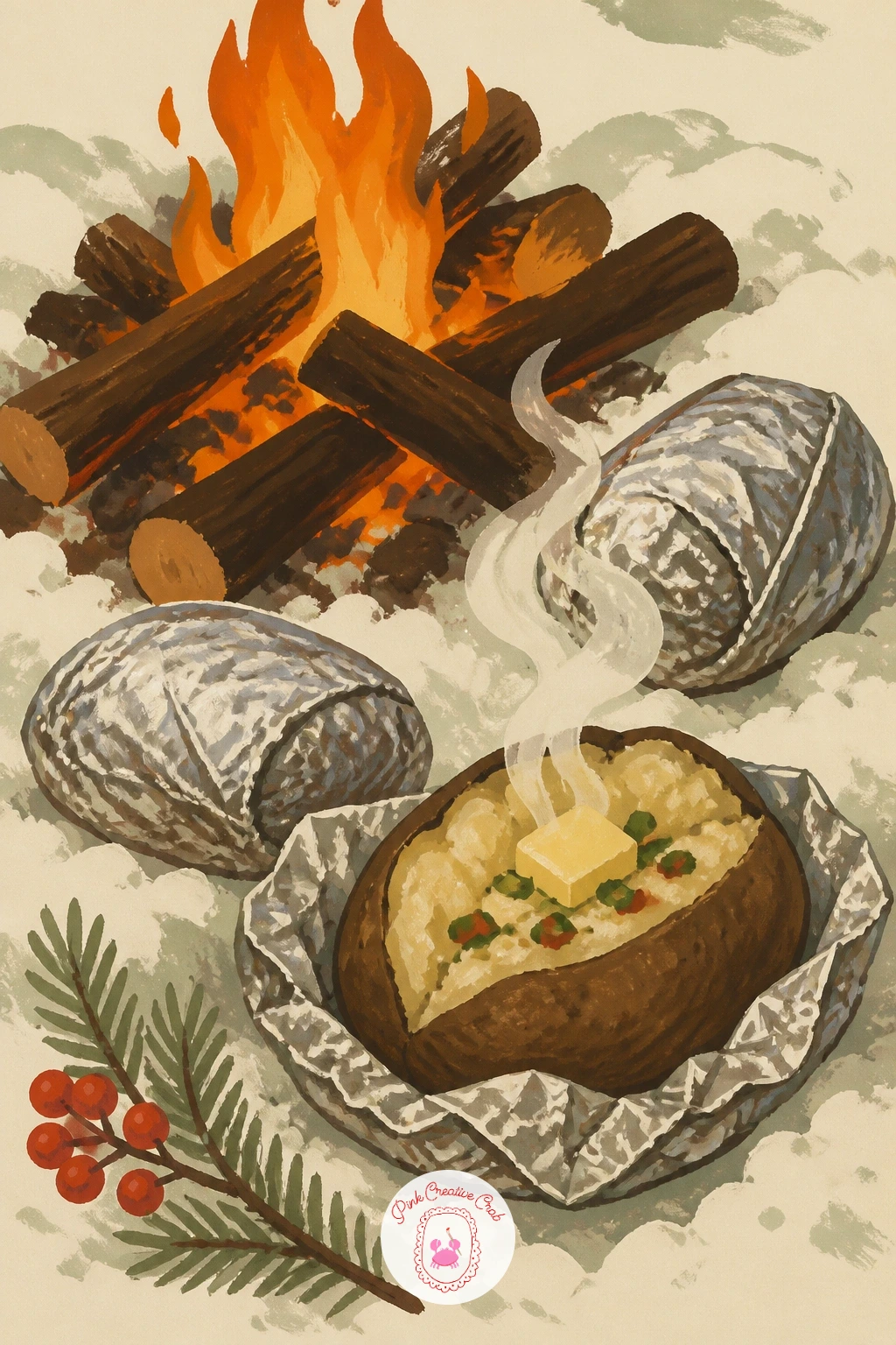 Campfire Baked Potatoes in the Snow — This scene pulls comfort food outdoors, foil-wrapped potatoes pulled fresh from a small campfire in the snow. Food