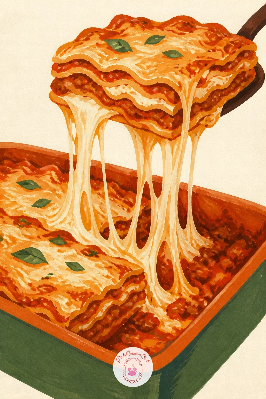 Lasagna Cut With a Cheese Stretch — Lasagna is about one dramatic moment, the first slice lifted with a long stretch of melted cheese still connecting it to