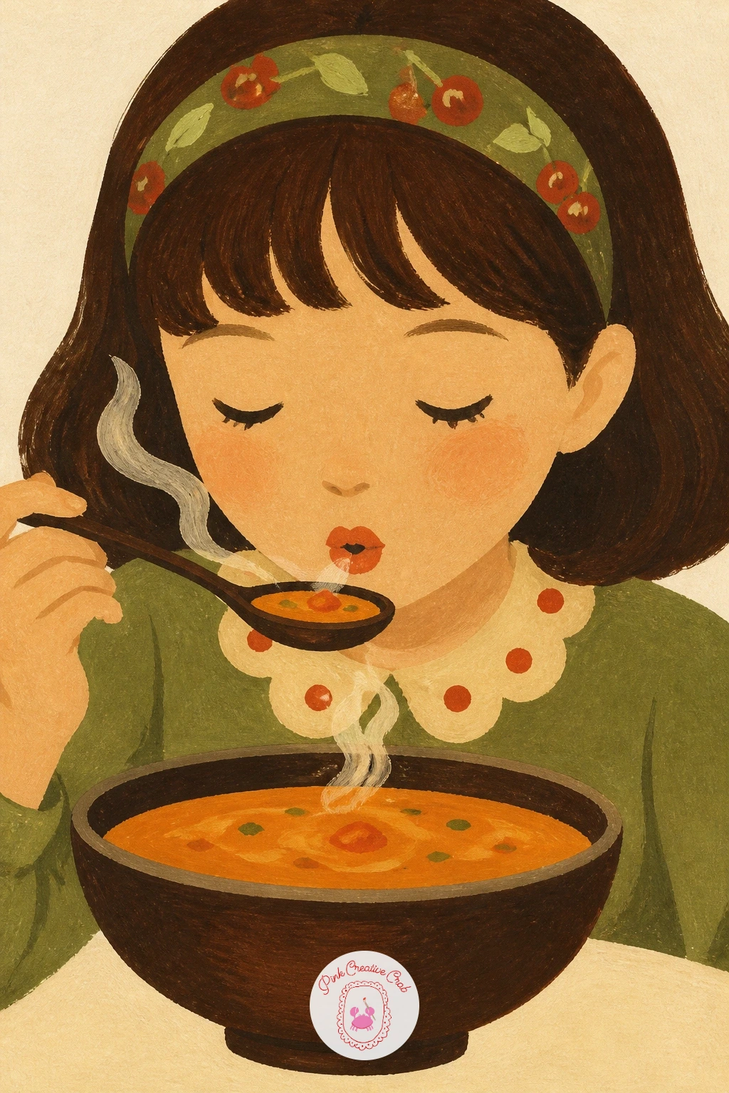 Girl Blowing on a Spoonful of Soup — This small portrait moment is about one gesture, lips slightly pursed, spoon raised halfway to the mouth. Food illustration