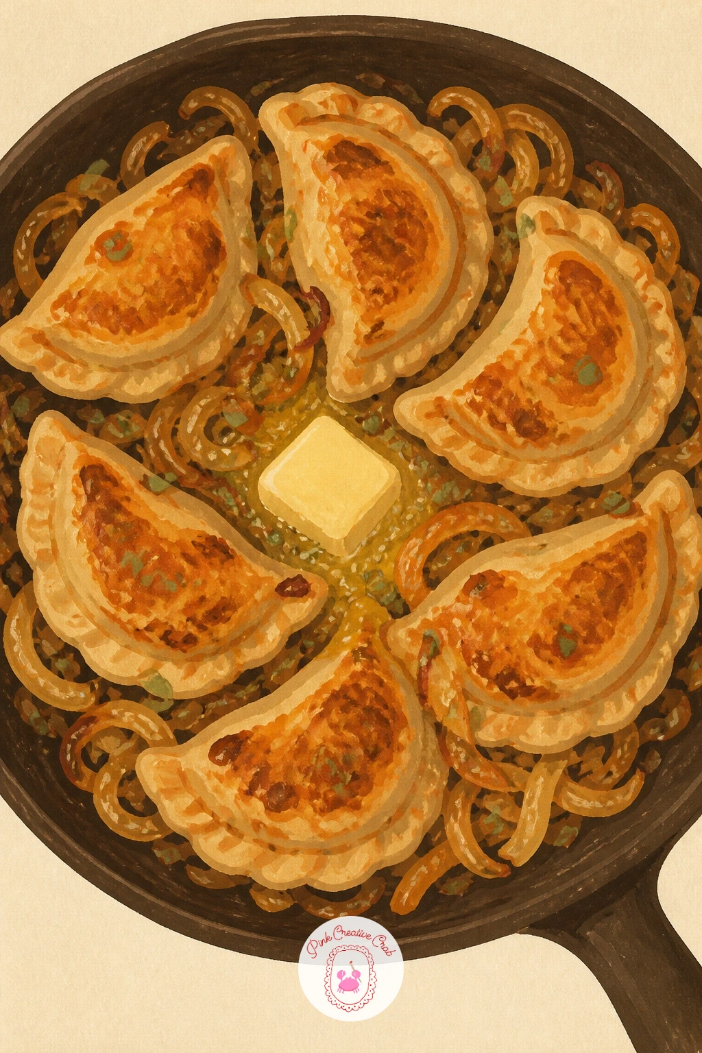Pierogi Frying in Butter and Onions — Pierogi sizzling in a pan is a nice study in overlapping shapes. Food illustration