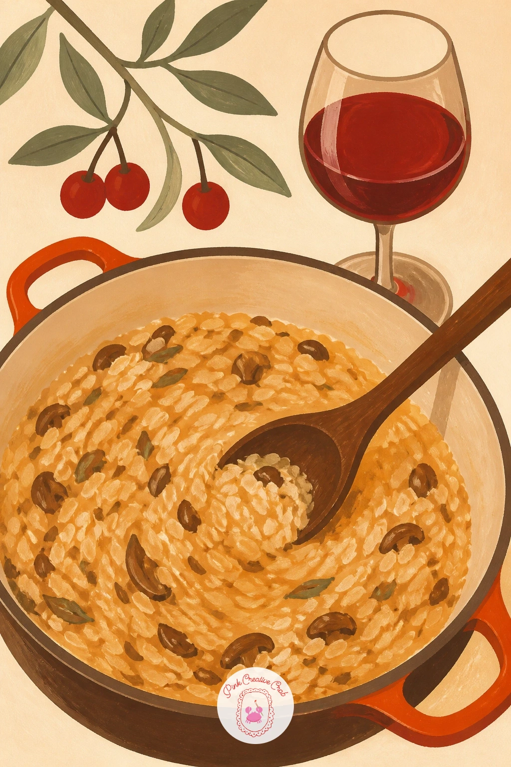 Risotto Stirred Slowly, Wine Beside It — Risotto rewards a slow, deliberate hand, which makes it a nice one to paint with a loose wooden spoon mid-stir. Food