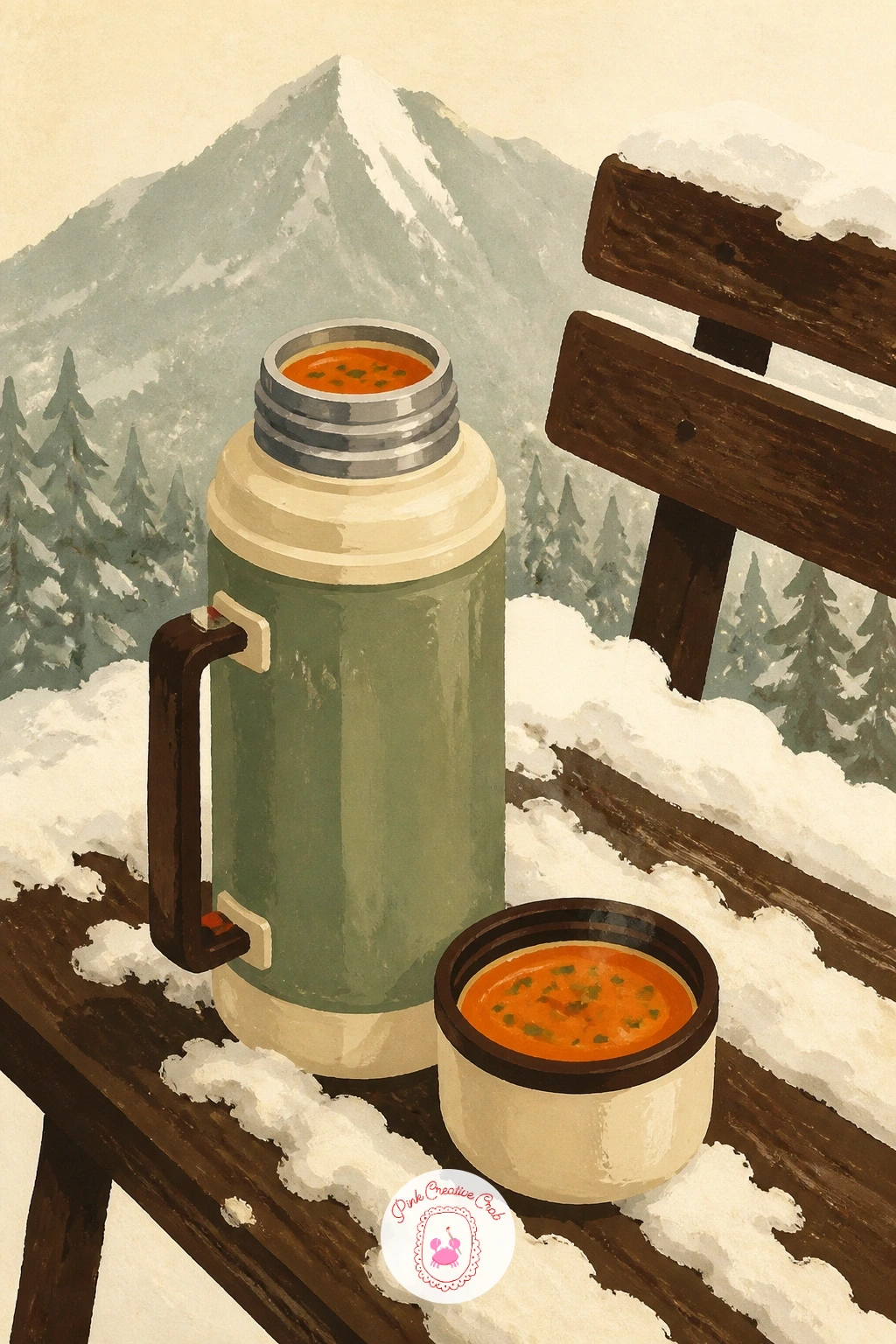 Thermos of Soup on a Snowy Bench — This quiet little scene is just a thermos, a cup lid and a mountain bench dusted with snow. Food illustration