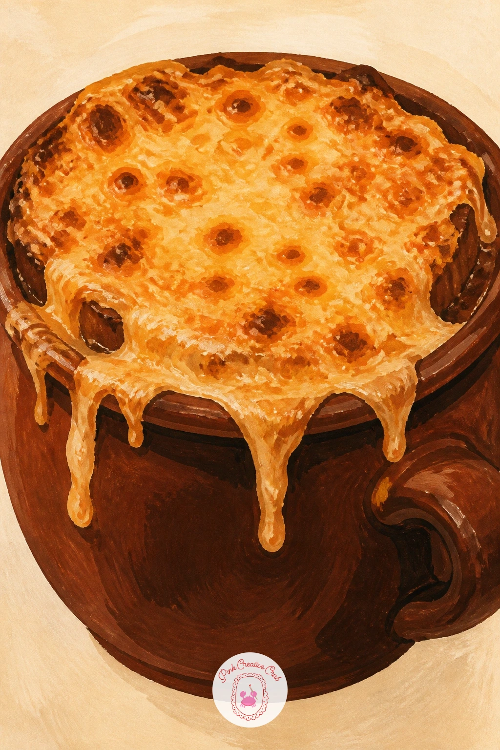 French Onion Soup With a Cheesy Lid — French onion soup is really a study in one golden crouton lid bubbling over the bowl's edge. Food illustration