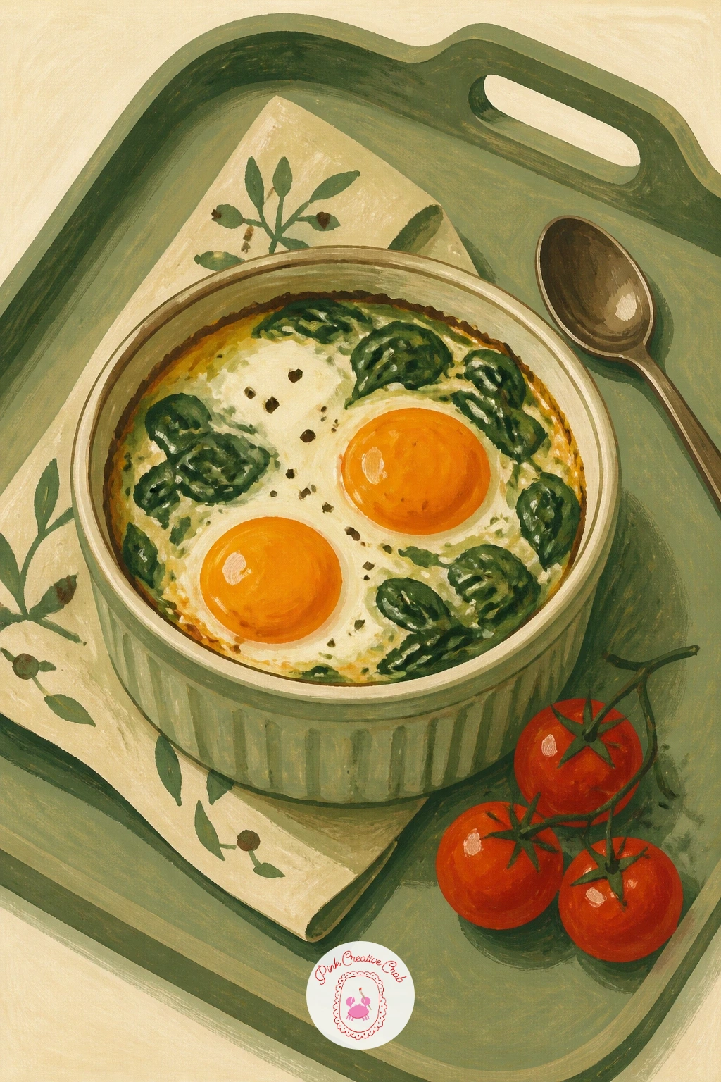 Baked Eggs With Spinach on a Tray — This small ramekin scene is a nice quick one for a short sitting. Food illustration