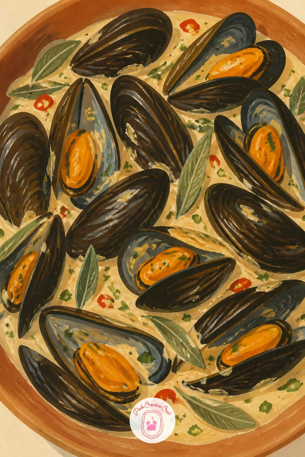 Mussels in Cream Sauce — Mussels give you a chance to practice painting a cluster of similar shapes without making each one identical. Food illustration
