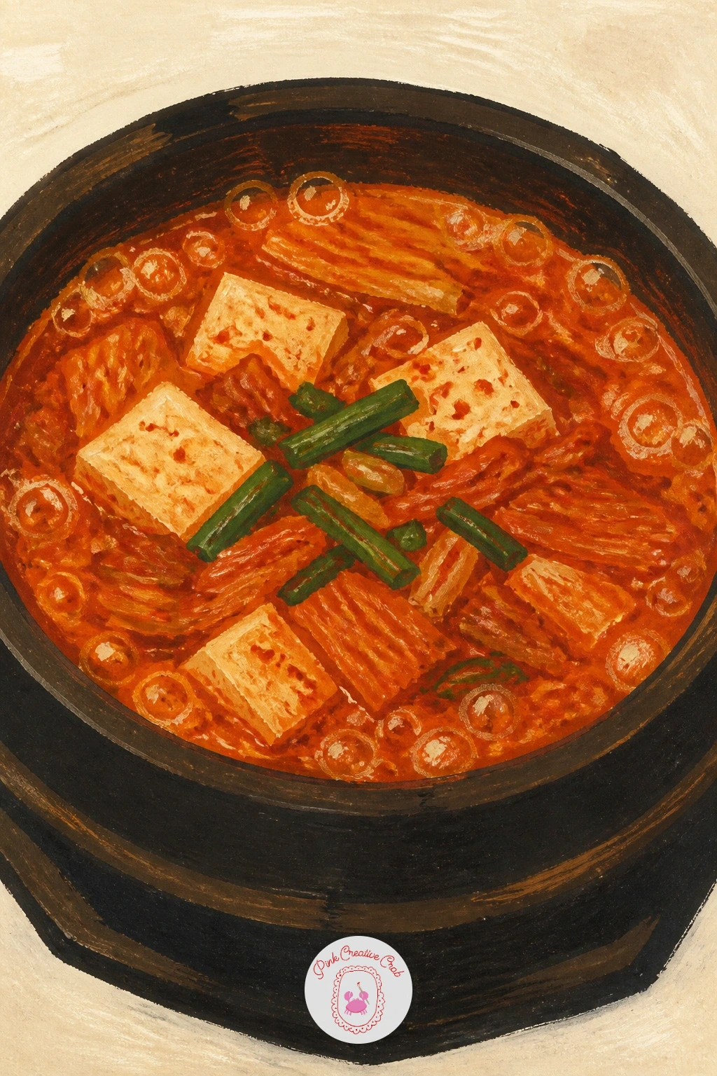 Bubbling Kimchi Stew in a Stone Pot — Kimchi stew lets you paint a pot that is actually still cooking, bubbles breaking the surface as you work. Food