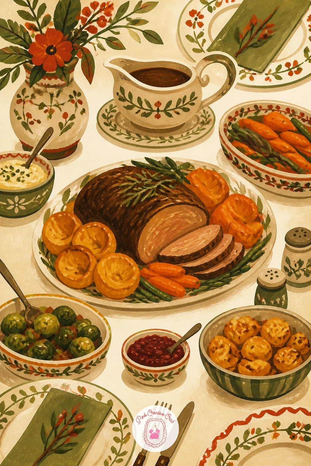 Cottage Table Set for Sunday Roast — This is the biggest scene on the list, so plan the table layout loosely in pencil before any paint touches the page. Food