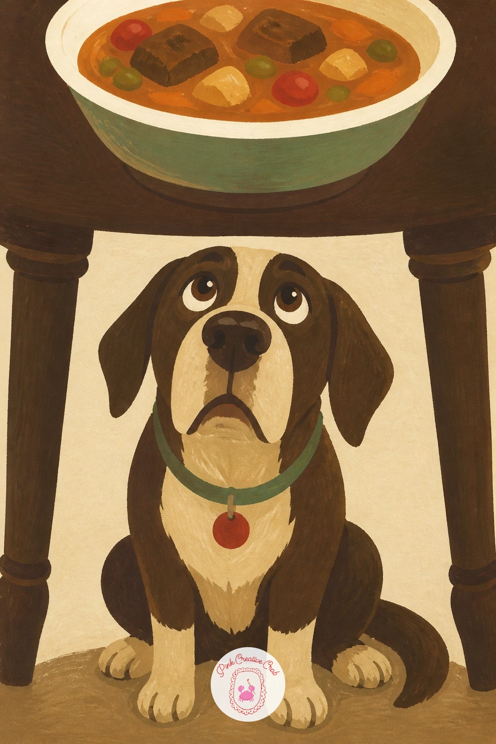 Dog Waiting Under the Table for Stew — This small moment brings a bit of humor to the table, a dog waiting patiently just below where stew is being served