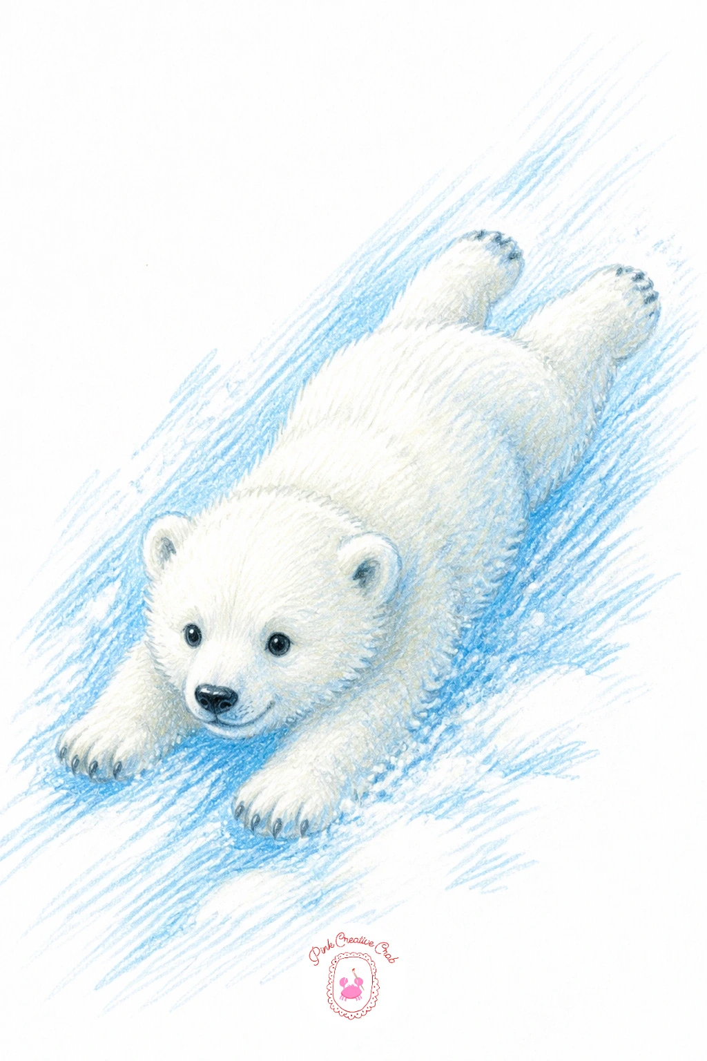 Cub Sliding Down Snowbank — Start simple with a cub sliding down a snowbank on its belly, legs flung out behind like a sled run gone slightly wrong. Polar bear