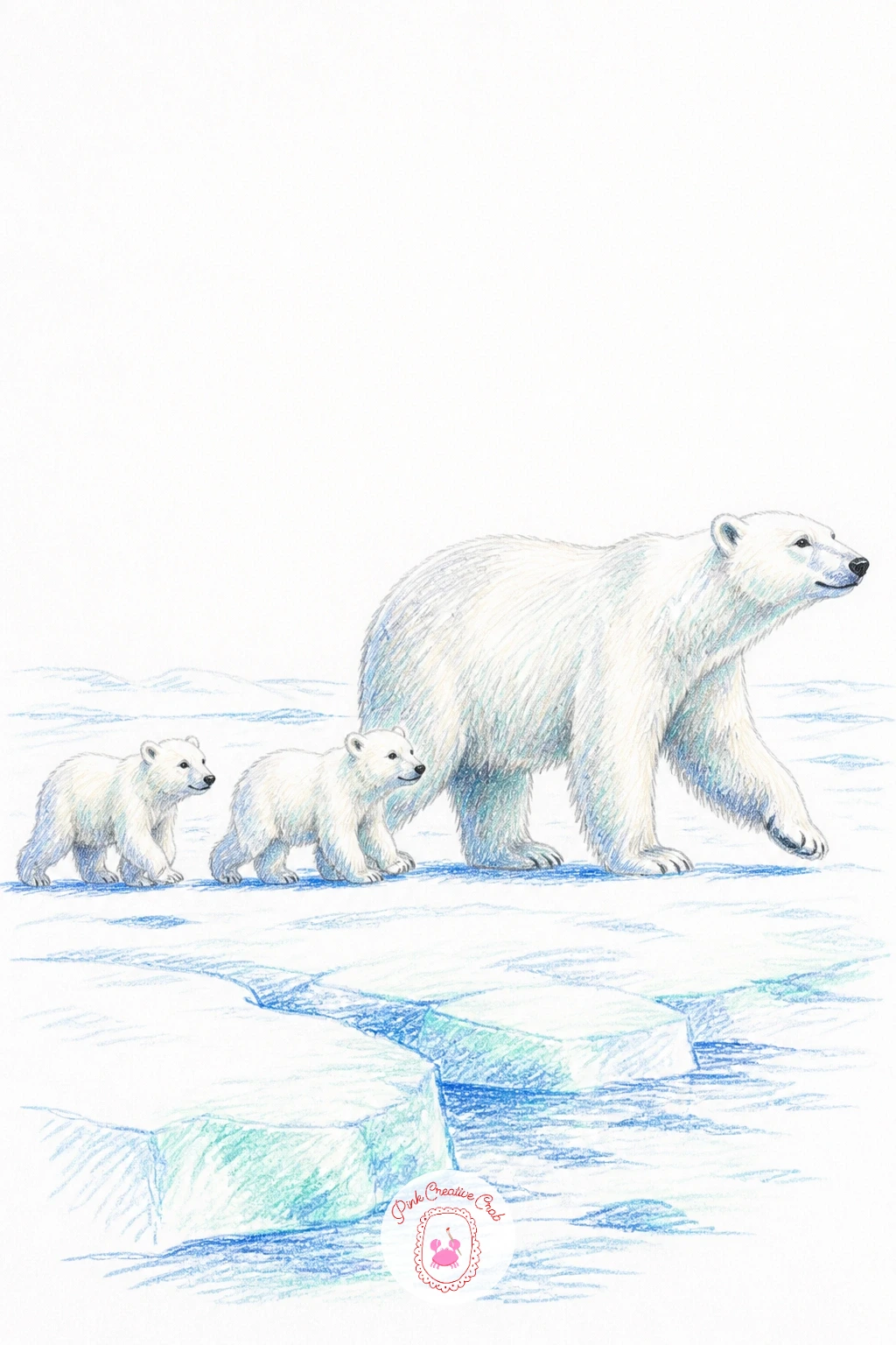 Mother Leading Two Cubs Across Sea Ice — Build confidence with a mother polar bear leading two cubs across pale sea ice, all three walking the same direction