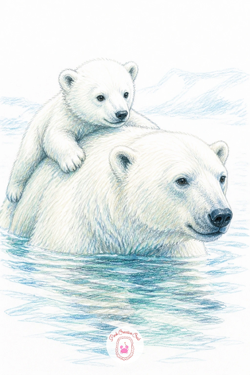 Cub Riding on Mother's Back — Picture the eye level low, almost at water height, for a cub riding on its mother's back through shallow icy water, since that