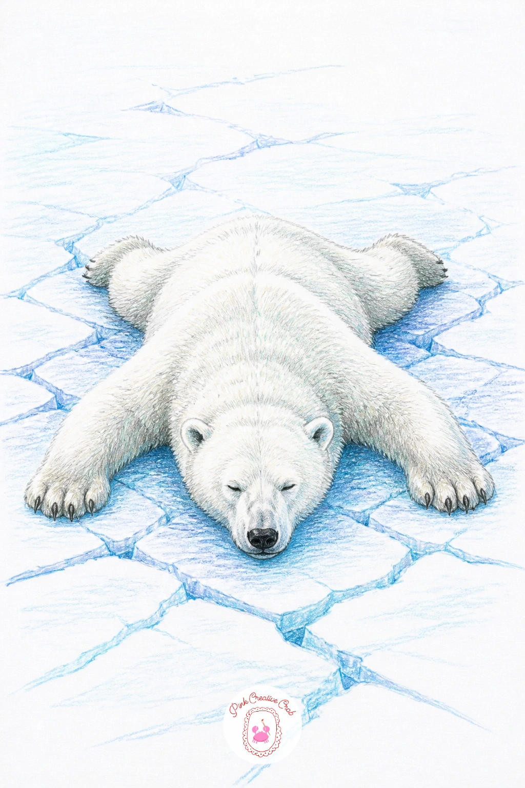 Bear Stretched Flat on Frozen Lake — Keep the quick version of this one to ten minutes: a polar bear stretched flat on a frozen lake, legs splayed loosely in