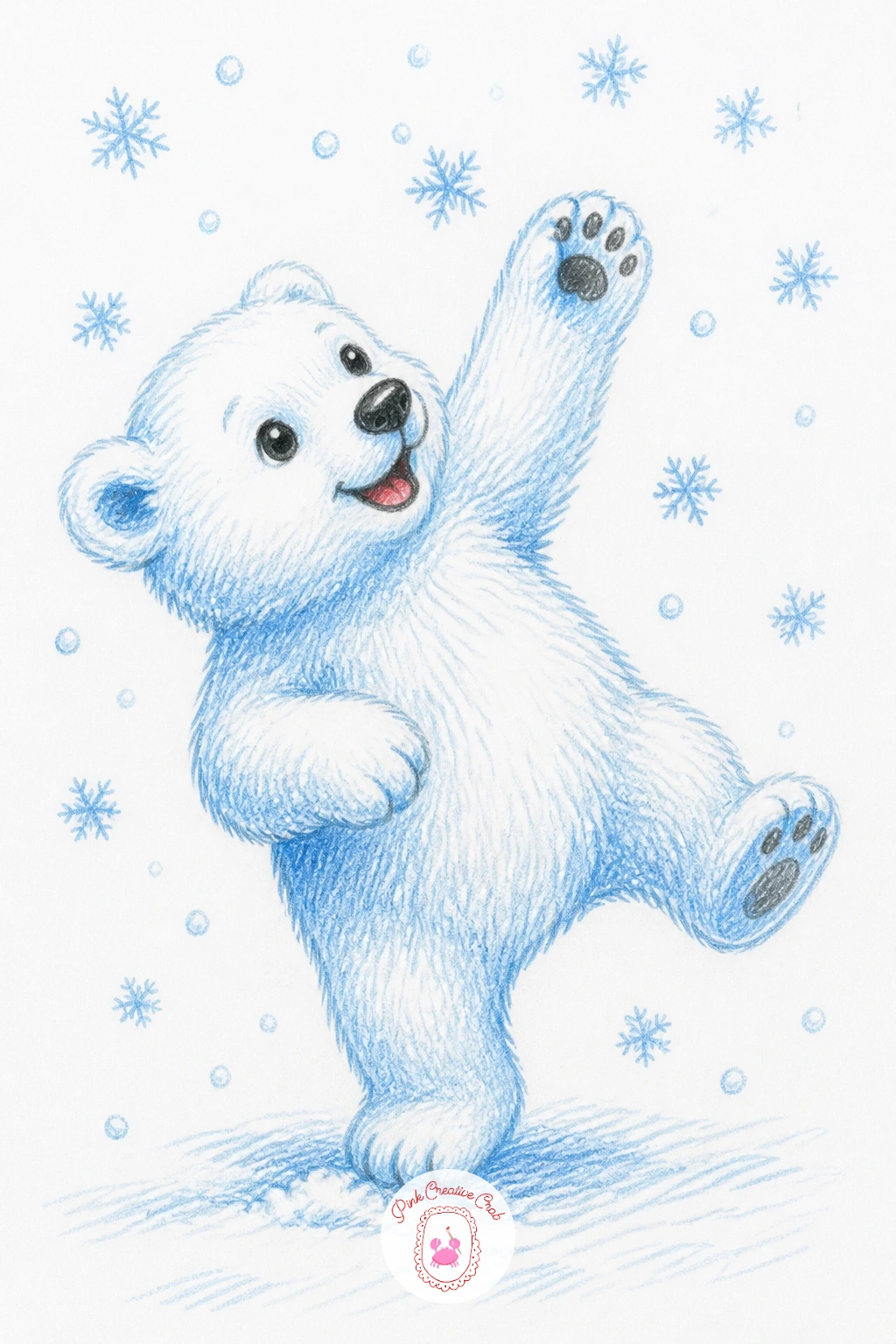 Cub Batting at Falling Snowflakes — Next, loosen your hand for a cub batting at falling snowflakes with its front paws, caught mid-swipe with one paw raised