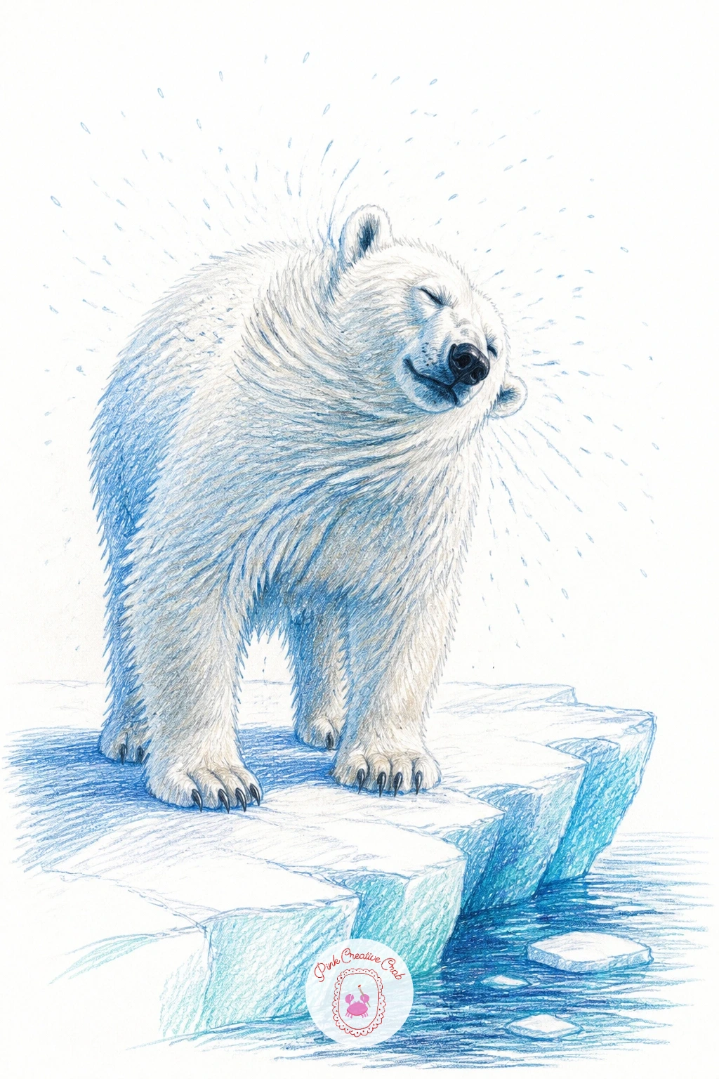 Bear Shaking Off at Ice Edge — For energy, try a polar bear shaking water off at the edge of an ice floe, body mid twist with droplets flying from the fur.