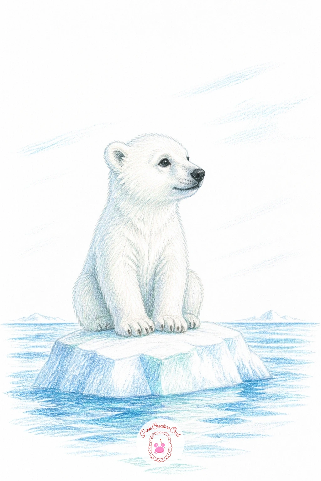 Cub Sitting on Little Iceberg — Scale carries this whole scene, so compare before drawing: the iceberg should rise only slightly above the seated cub's head