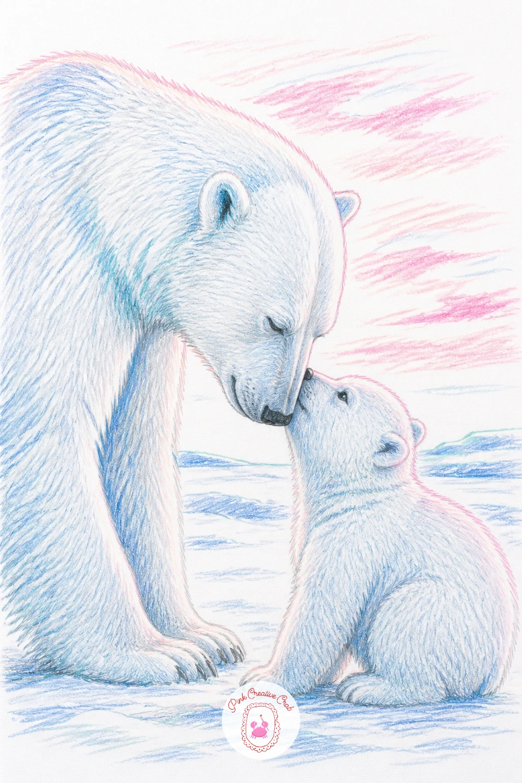 Mother Nuzzling Cub Under Pink Sky — Light does the heavy lifting in a mother polar bear nuzzling her cub under a pale pink sky, since a warm sky behind two