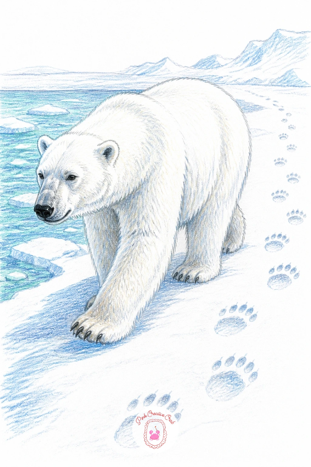 Bear Walking Icy Shoreline With Paw Prints — Follow on with a polar bear walking along an icy shoreline leaving big paw prints, body shown mid stride from the