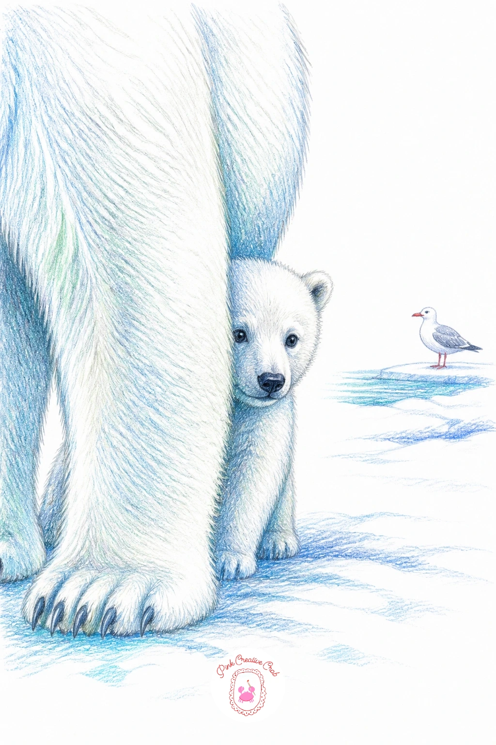 Cub Hiding Behind Mother's Leg From Gull — Add a little story with a cub hiding behind its mother's leg from a curious gull, peeking out with just its head and