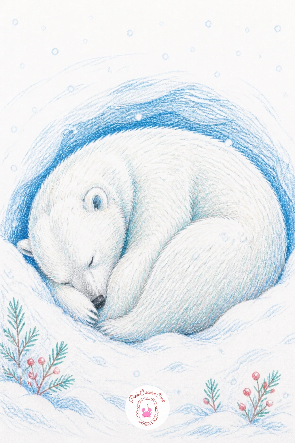Bear Curled Asleep in Snow Hollow — Settle into quieter territory with a polar bear curled up asleep in a snow hollow during light snowfall, nose tucked under