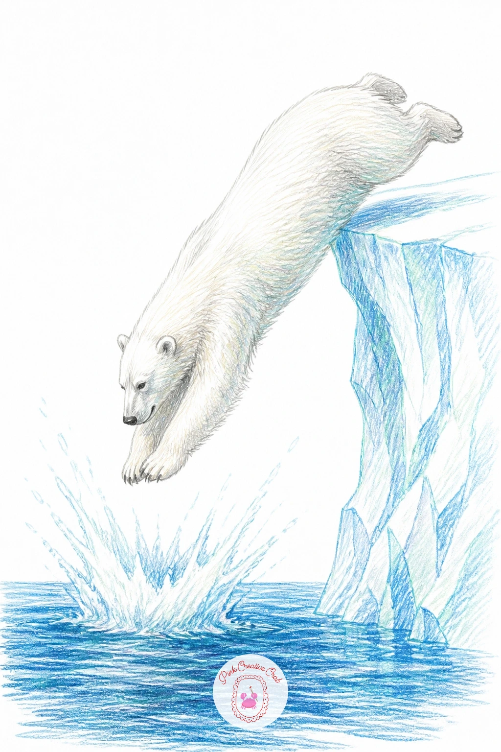 Bear Diving Off Ice Ledge Into Water — Capture the moment a polar bear diving off an ice ledge into icy blue water, body stretched long and angled downward