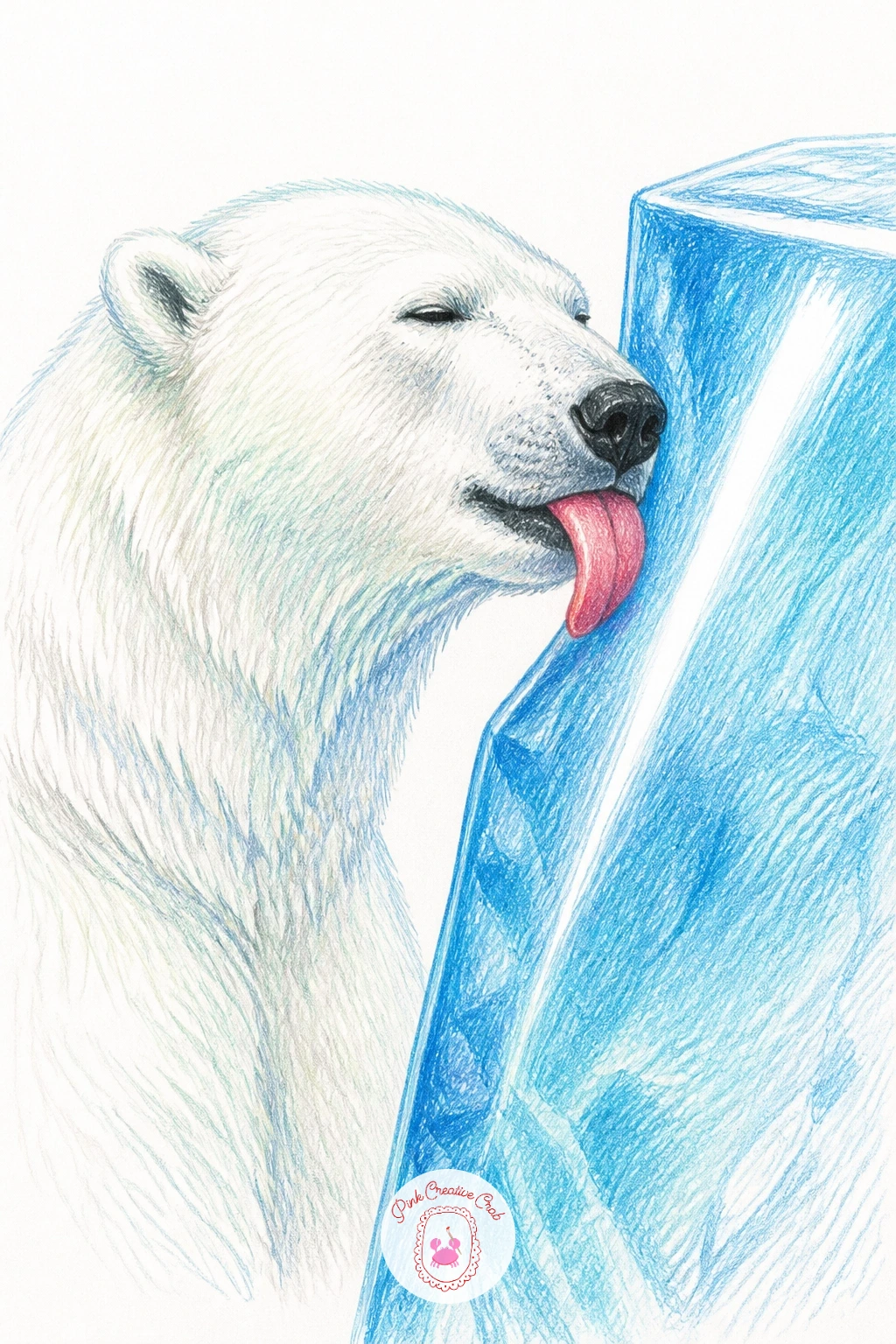 Bear Licking Block of Blue Ice — Texture takes the lead with a polar bear licking a block of glassy blue ice, tongue out, head tilted toward the block's smooth