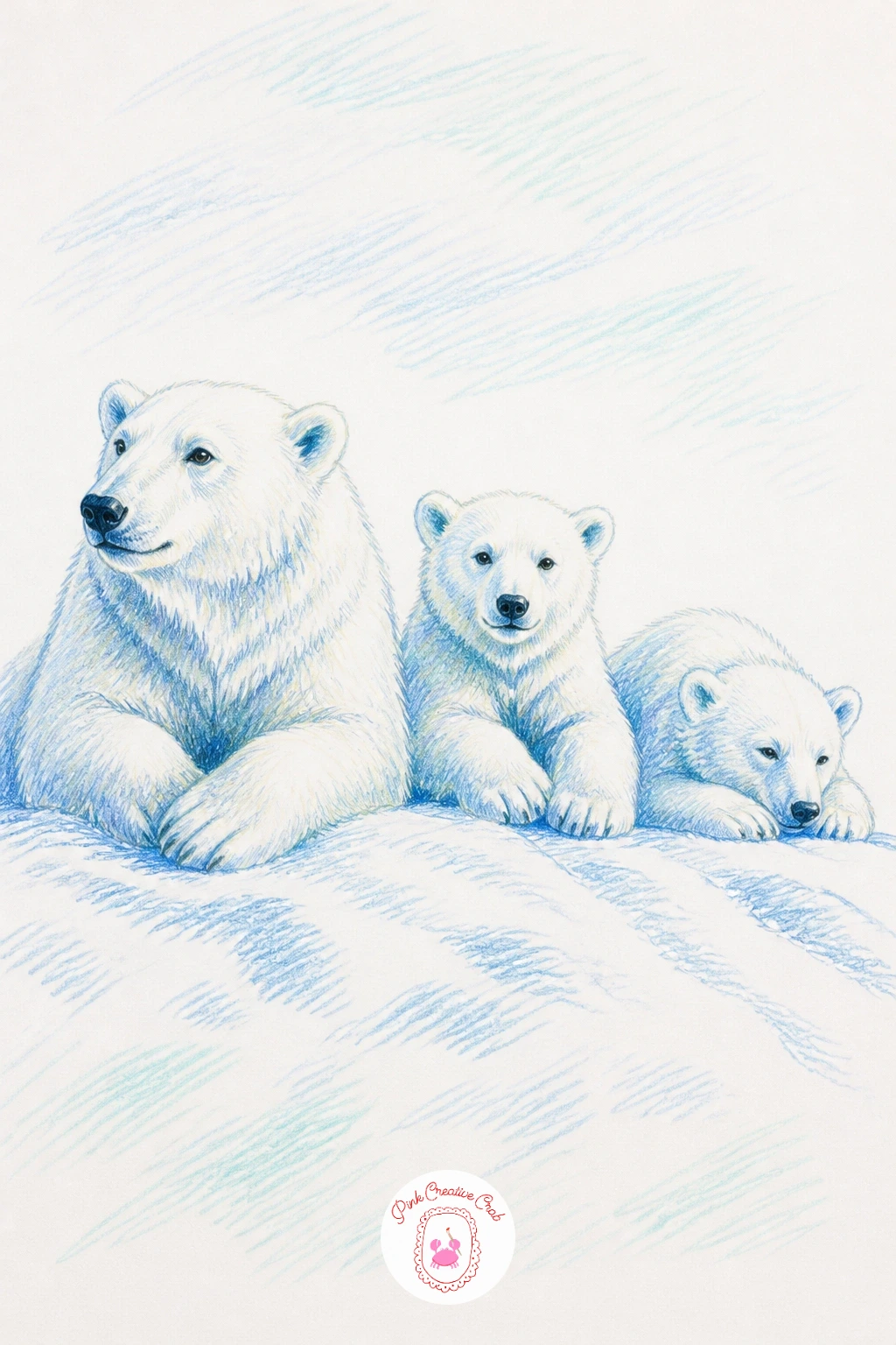 Bear Family Resting in a Row — Step up to a full polar bear family resting in a row on a snowy ridge, mother and two or three cubs lying side by side along the