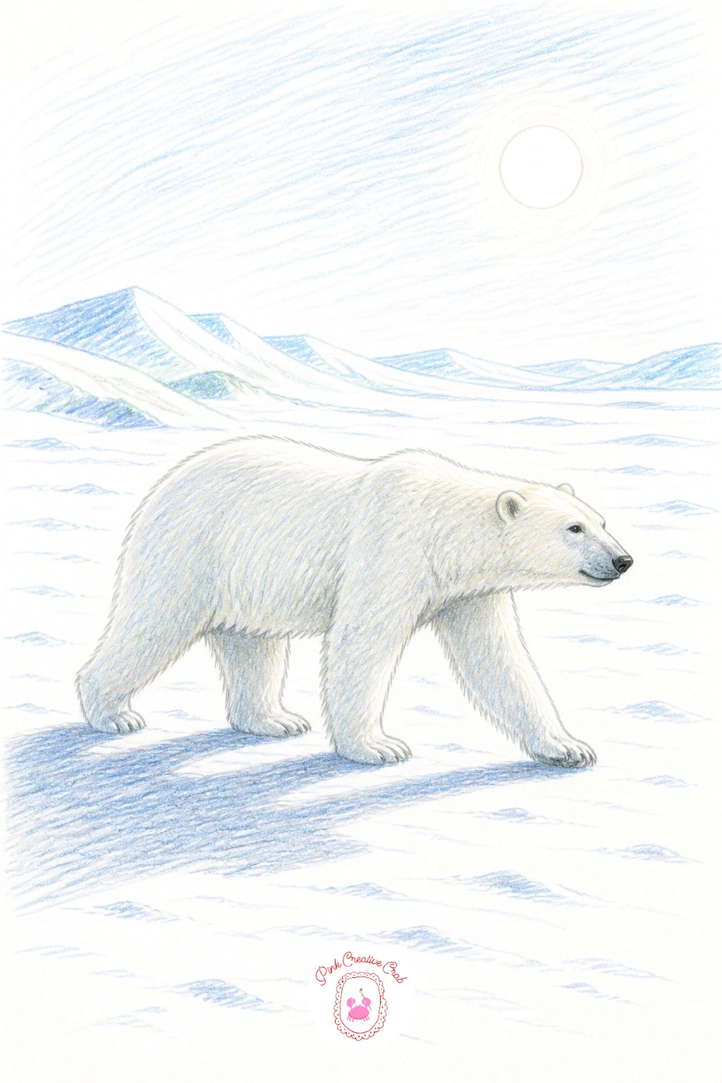 Bear Crossing Tundra Under Pale Sun — Give the light somewhere specific to sit for a polar bear crossing the wide white tundra under a pale winter sun, a low