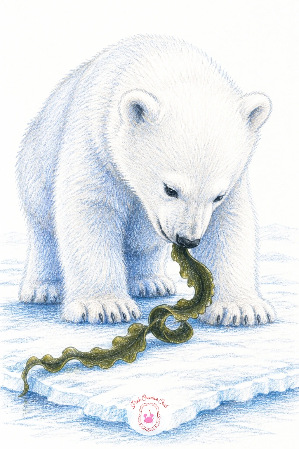 Cub Chewing Kelp on the Ice — Bring in a small prop with a cub chewing on a strand of kelp washed up on the ice, head lowered, the kelp trailing from its mouth