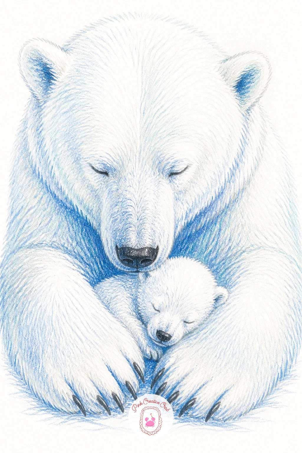 Cub Sleeping Between Mother's Paws — For pure tenderness, draw a cub sleeping tucked between its mother's big front paws, completely enclosed by her shape with